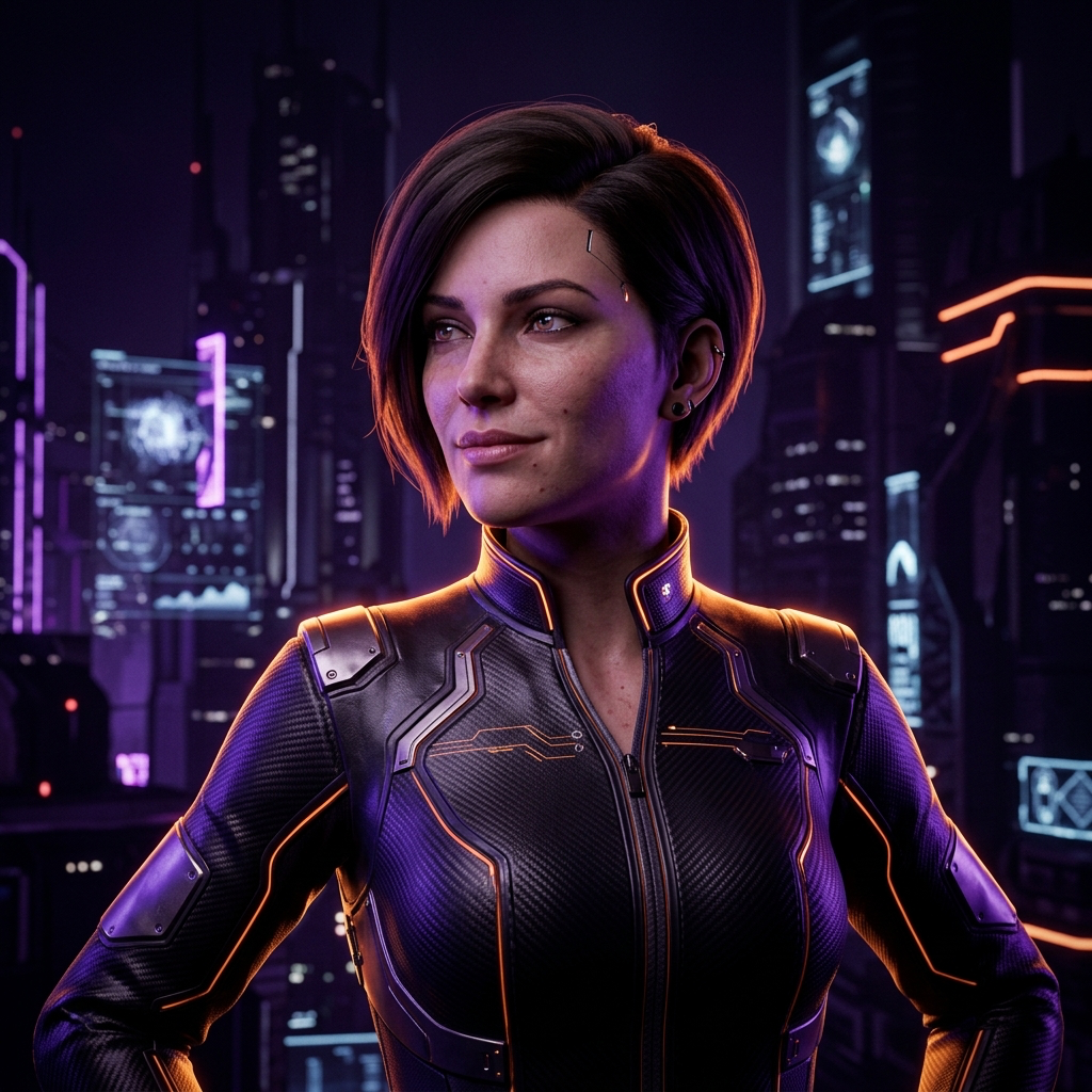 Avatar 3D em est&eacute;tica cyberpunk, com ilumina&ccedil;&atilde;o roxa e acentos laranja