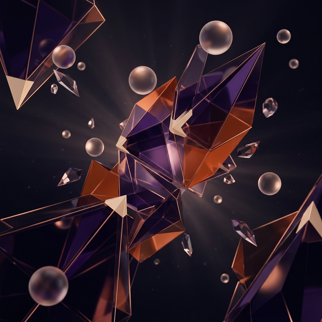 Exemplo visual abstrato com cristais e esferas geom&eacute;tricas em roxo e cobre
