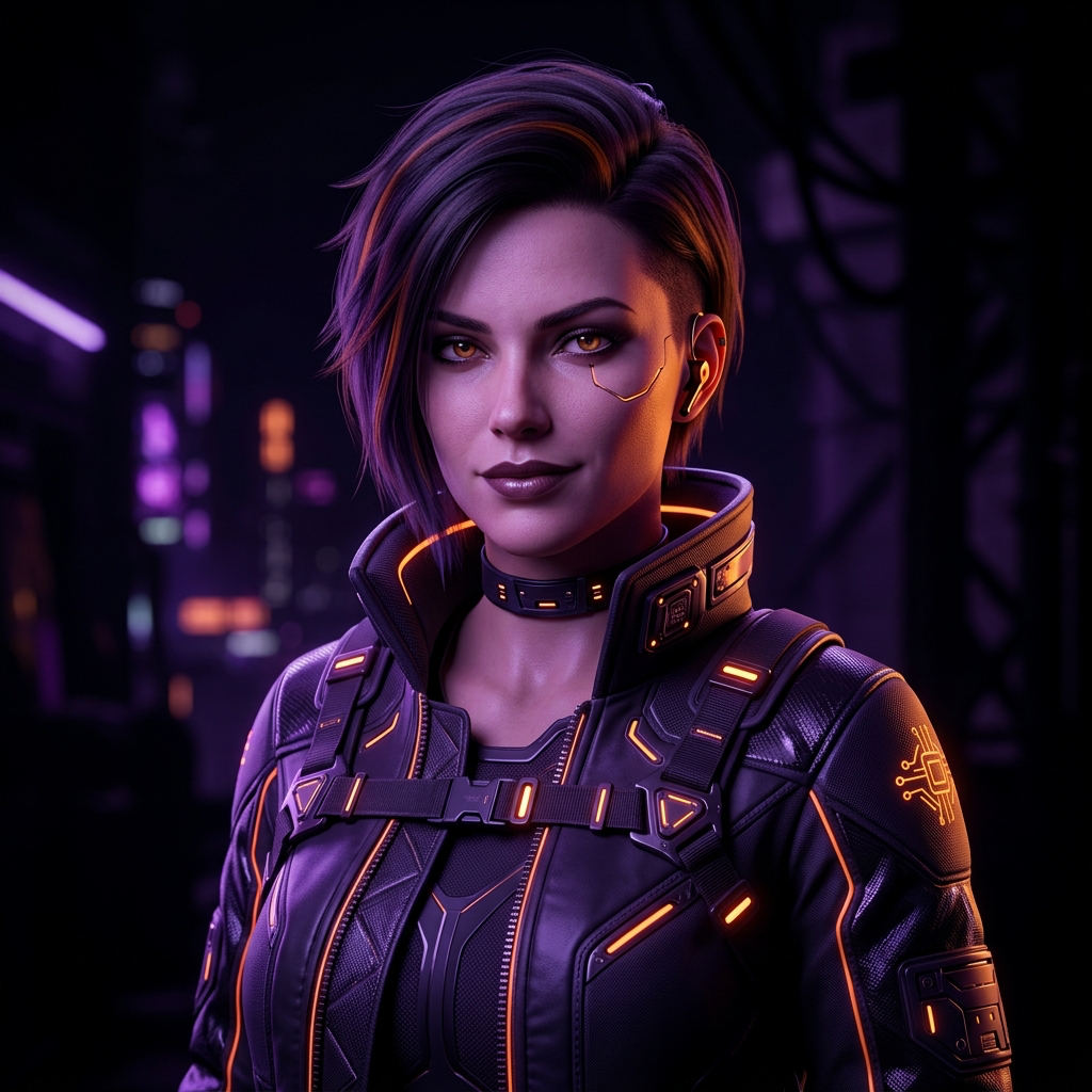 Exemplo visual de avatar com est&eacute;tica cyberpunk e ilumina&ccedil;&atilde;o roxa e laranja