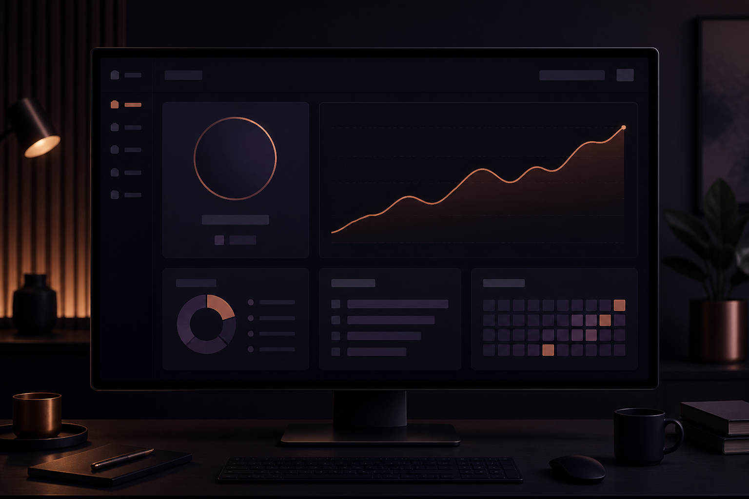 Dashboard escuro com uma prioridade visual e gráficos de apoio