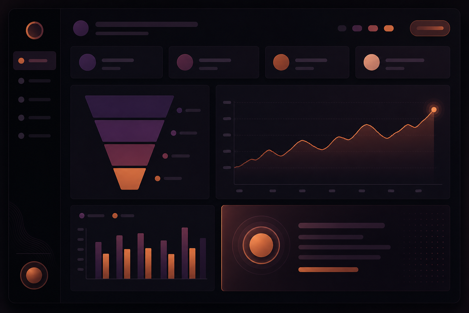 Dashboard de performance com funil, tendência e comparação visual