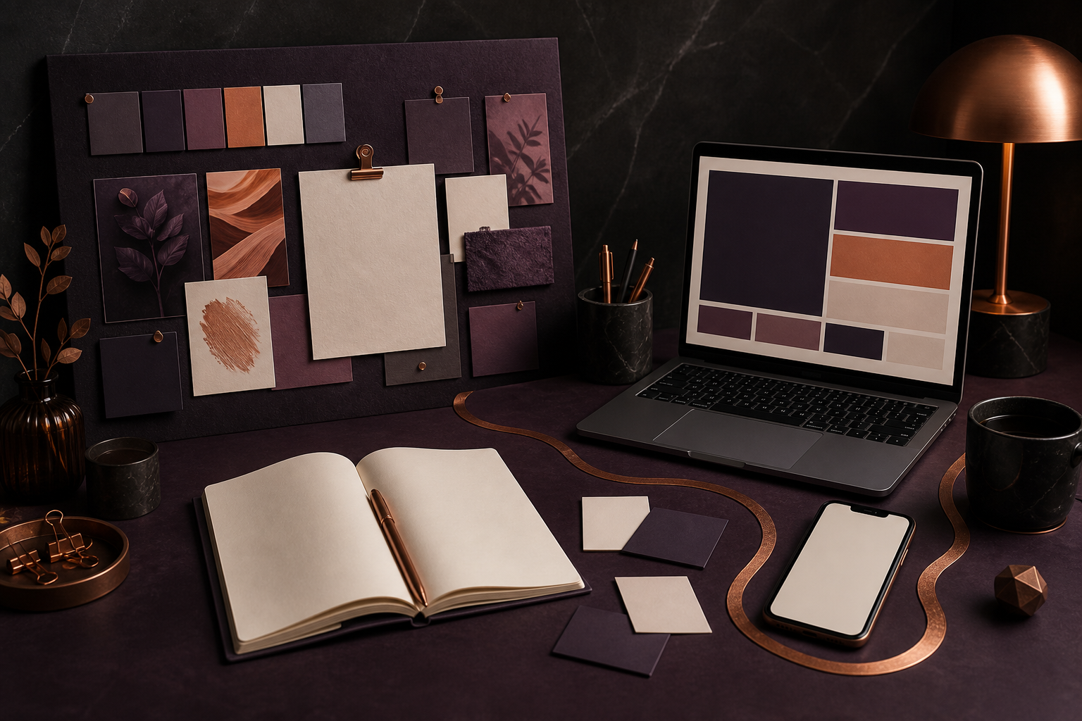 Mesa de produção de conteúdo com briefing, notebook, laptop e celular